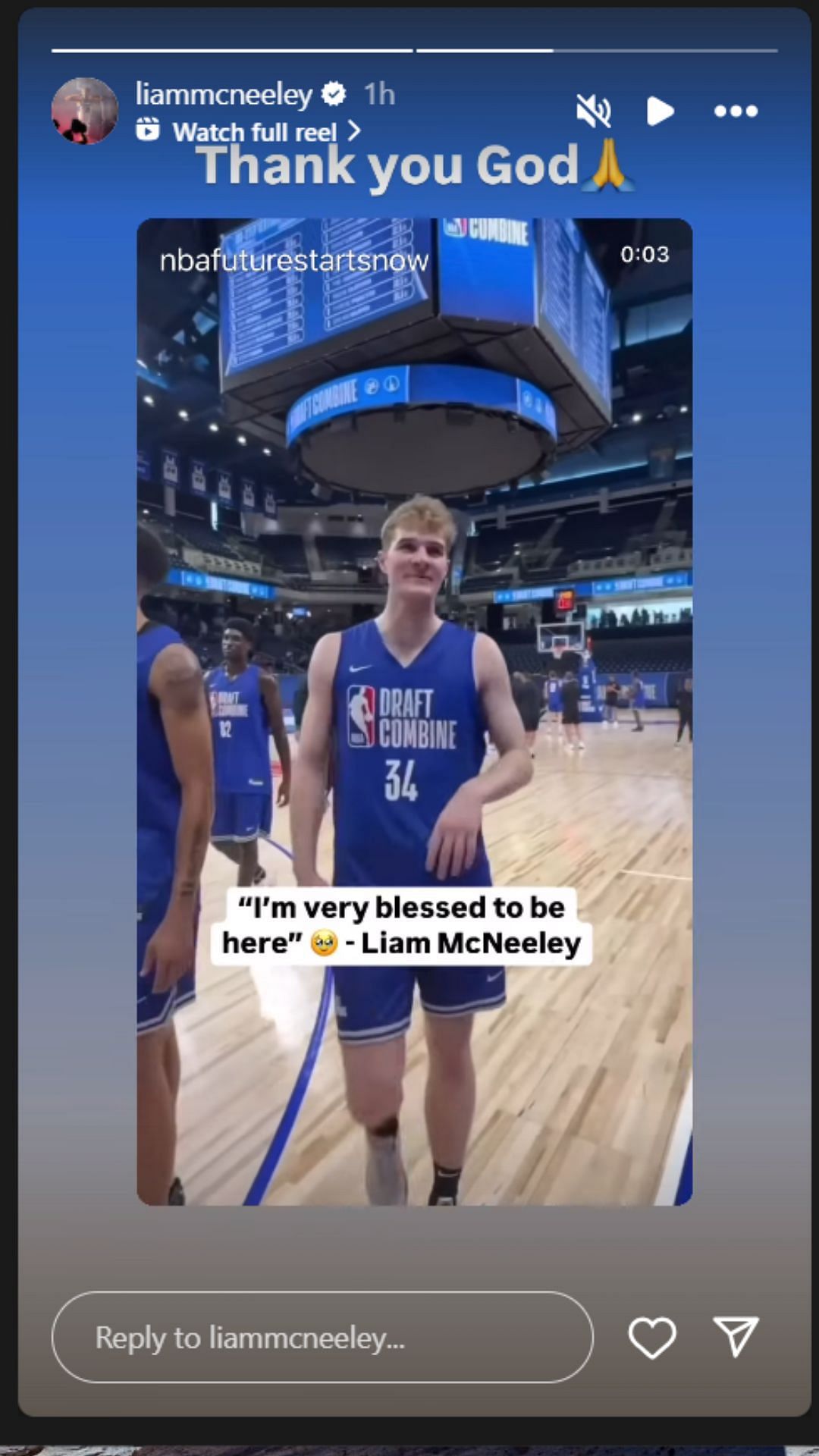 Liam McNeeley shows gratitude at the 2025 NBA draft Combine on IG story. Image via @liammcneeley